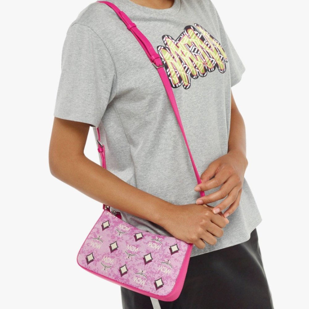 NEW!! MCM Pink Vintage Monogram Jacquard Aren Mini Shoulder Bag - Picture 14 of 14